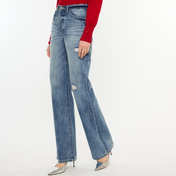 RISEN High-Rise Boyfriend Bootcut Jeans Relaxed Distressed Torn Hole Denim Pants - Picture 12 of 16